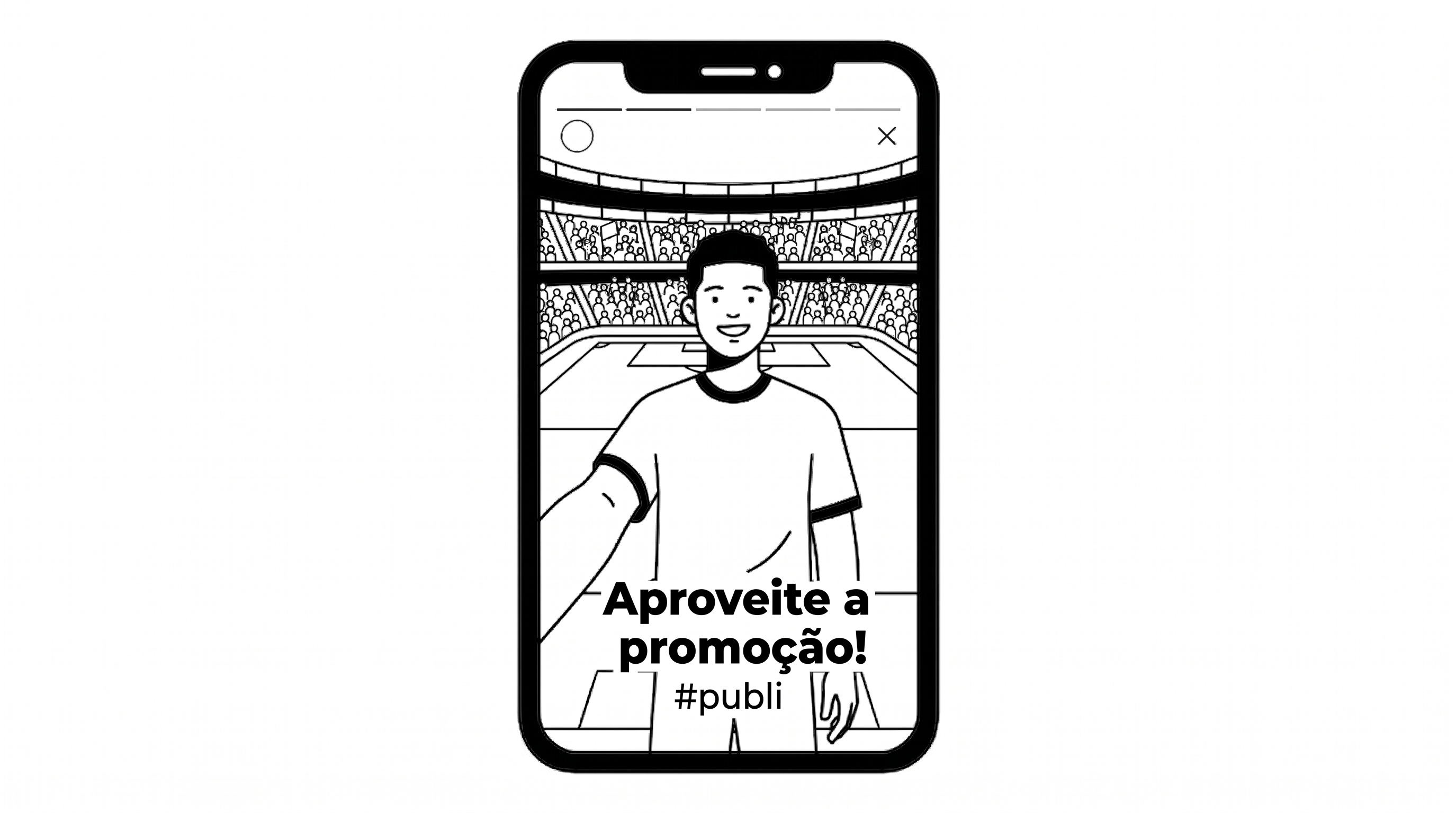 Mockup: stories no estádio com #publi